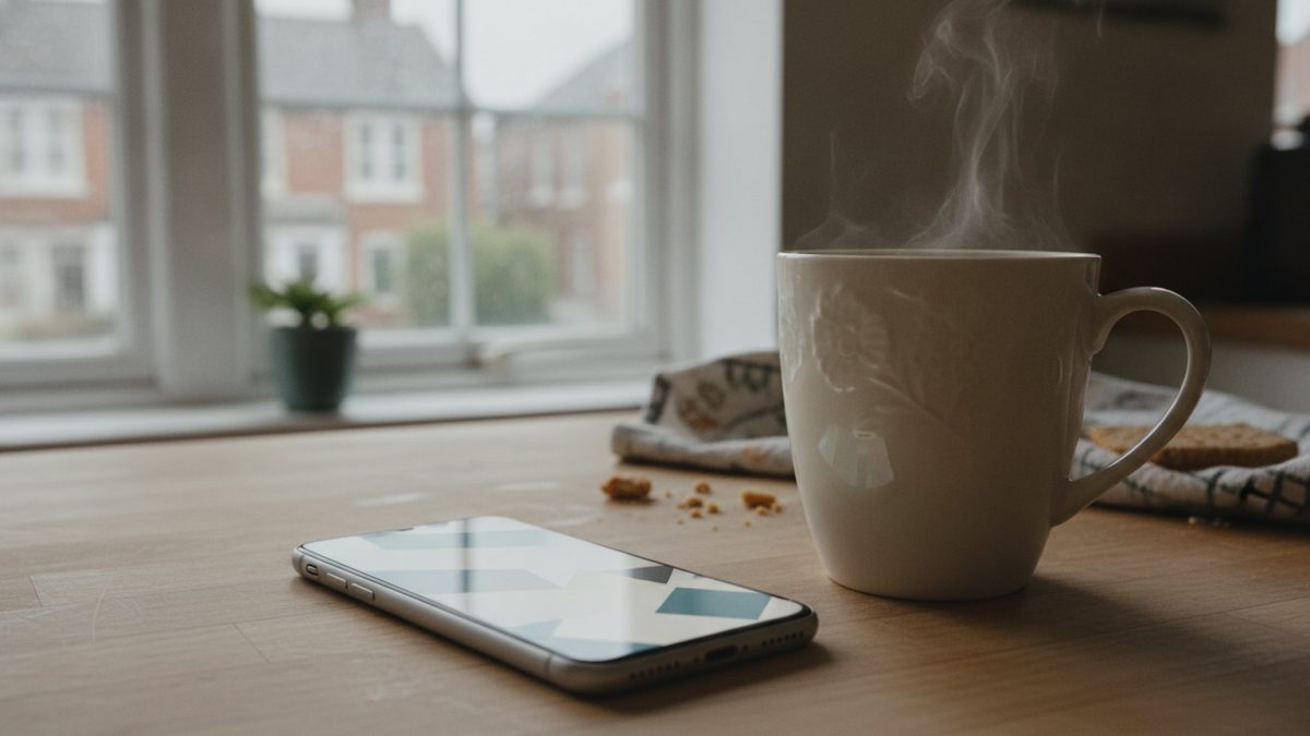 A smartphone lying face-up and lit on a British kitchen worktop next to a mug of tea
