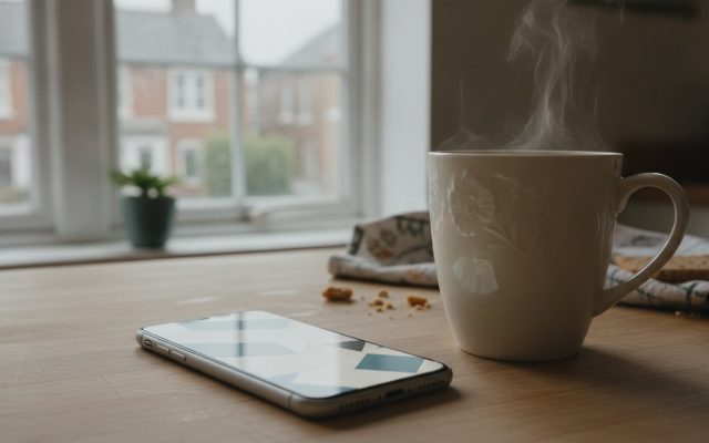 A smartphone lying face-up and lit on a British kitchen worktop next to a mug of tea