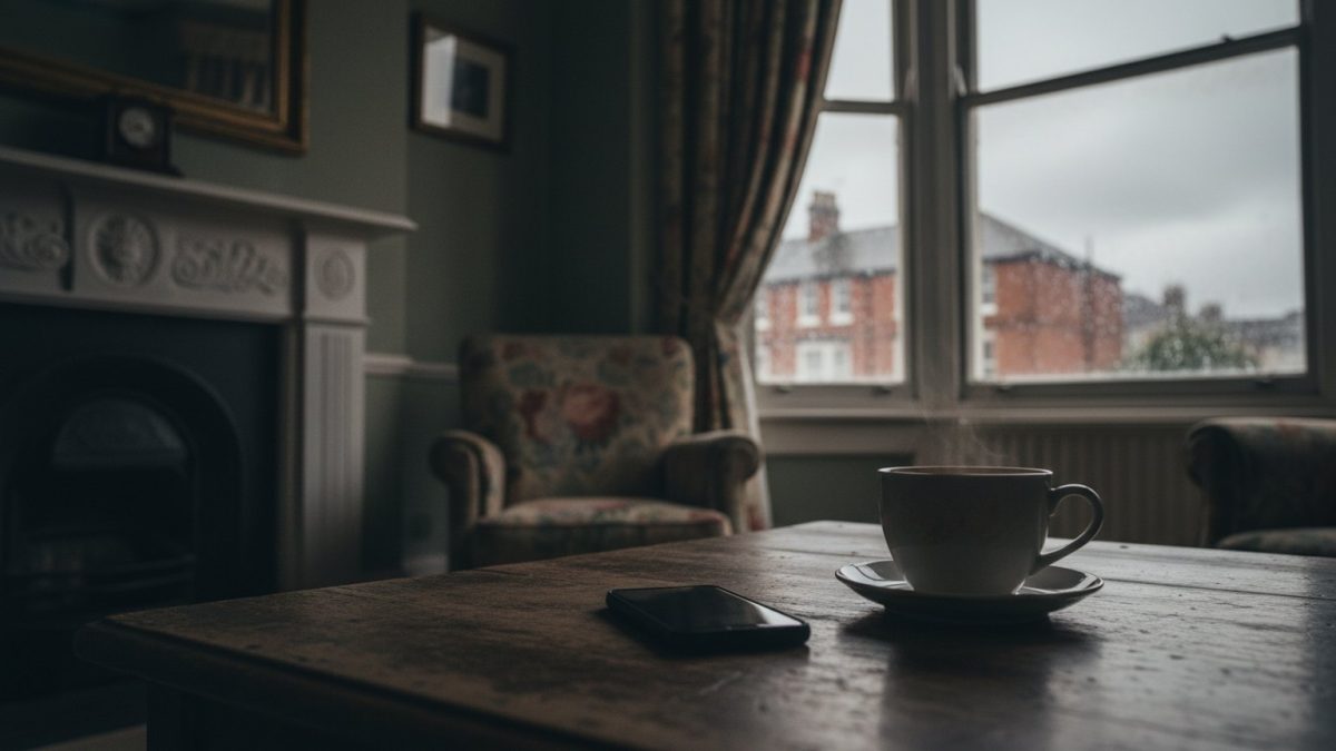 A smartphone lying face down on a wooden table beside a cup of coffee