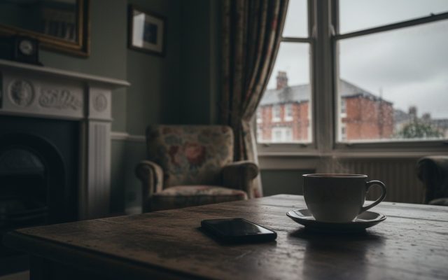 A smartphone lying face down on a wooden table beside a cup of coffee