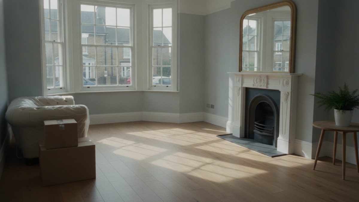 An empty, newly finished British living room with wooden floors and large