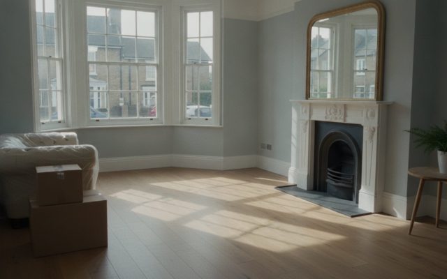 An empty, newly finished British living room with wooden floors and large