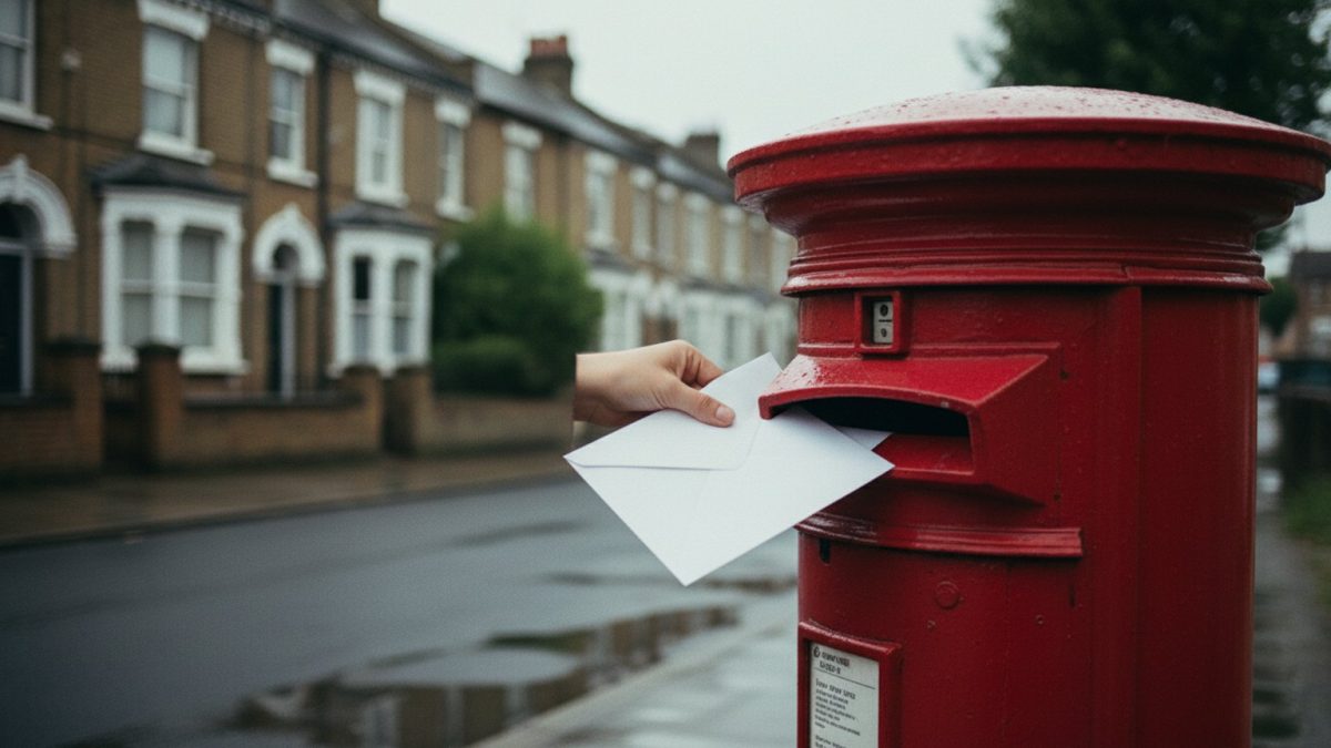 A hand posting a plain white envelope into a red British pillar postbox