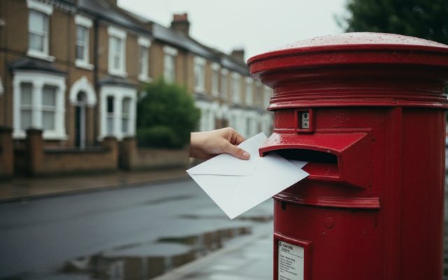 A hand posting a plain white envelope into a red British pillar postbox