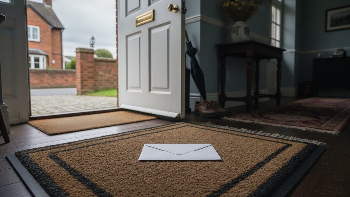 A single plain white envelope lying on a doormat inside a British hallway