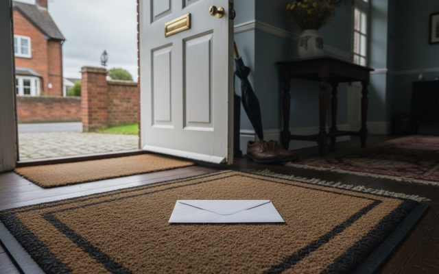 A single plain white envelope lying on a doormat inside a British hallway