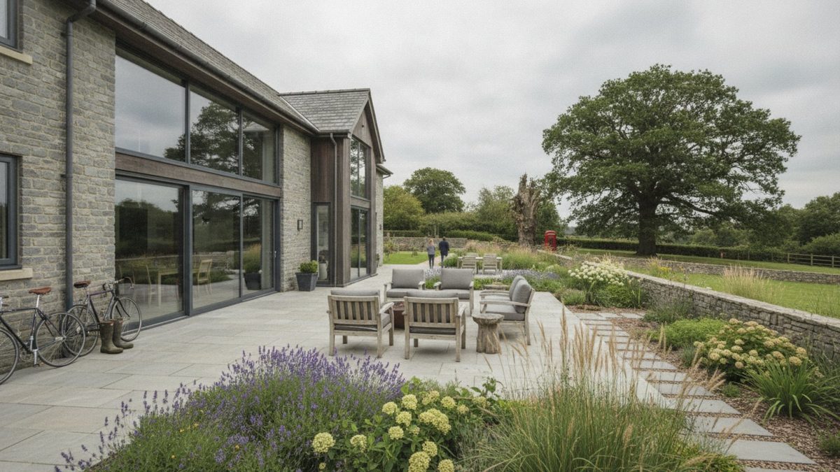 A large modern British house with a landscaped garden, stone patio and sliding glass doors
