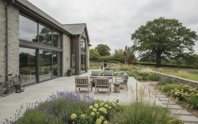 A large modern British house with a landscaped garden, stone patio and sliding glass doors