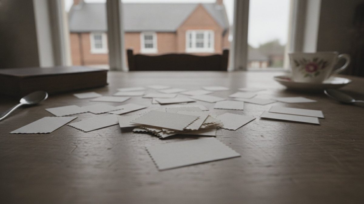 A very large number of identical small blank paper tickets scattered across a plain table