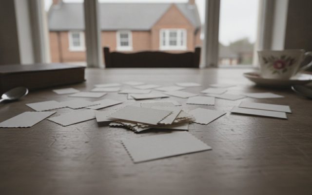 A very large number of identical small blank paper tickets scattered across a plain table