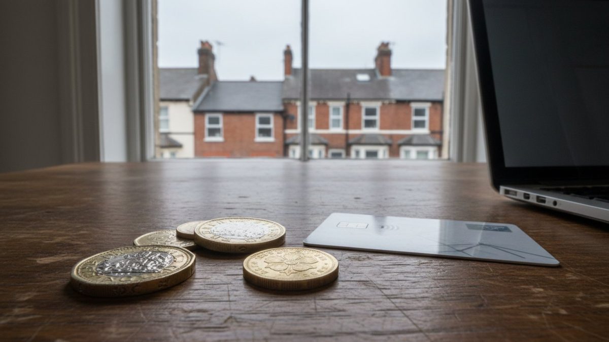 British coins and a debit card lying on a wooden table beside the edge of a laptop