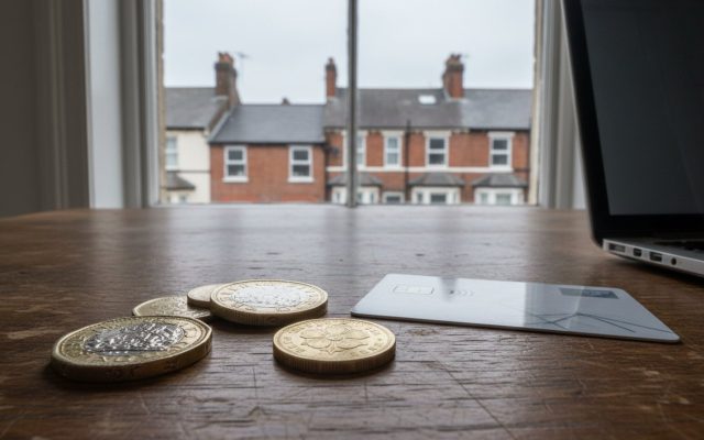 British coins and a debit card lying on a wooden table beside the edge of a laptop