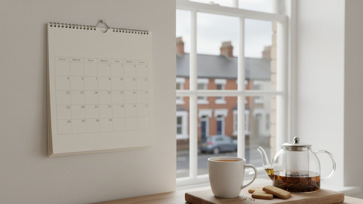A blank paper wall calendar and a mug of tea on a British kitchen worktop