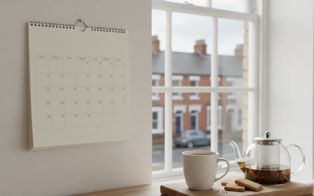A blank paper wall calendar and a mug of tea on a British kitchen worktop