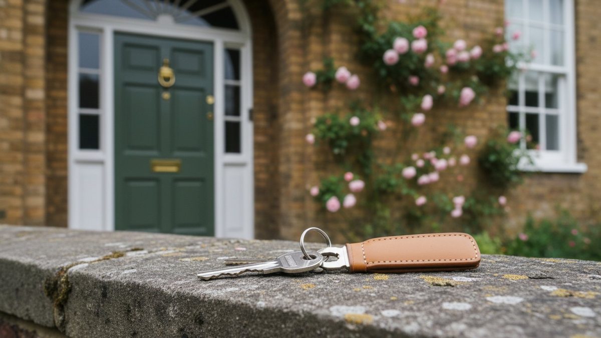 A set of house keys with a plain leather fob resting on the stone doorstep of a British home