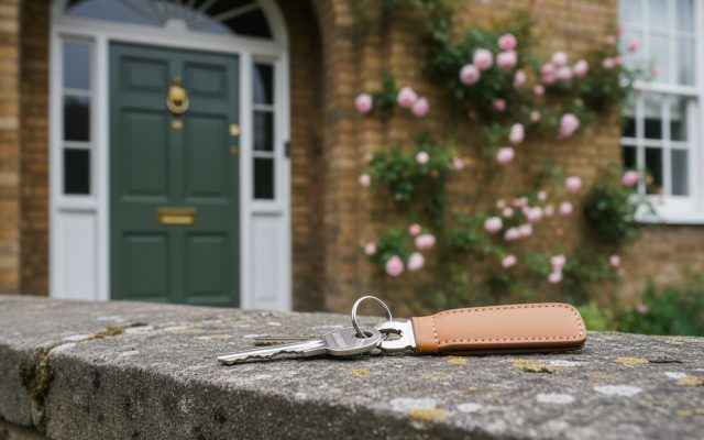 A set of house keys with a plain leather fob resting on the stone doorstep of a British home