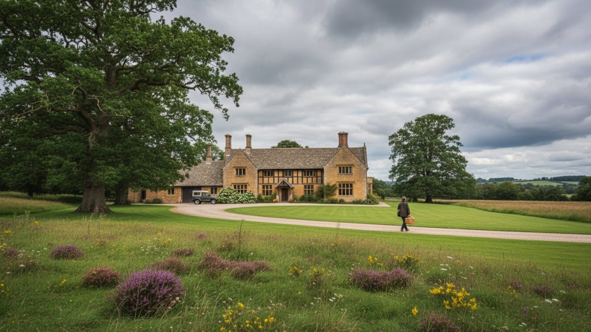 A large British countryside house with a gravel drive and wide lawn