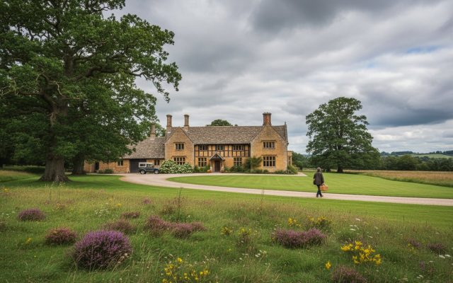 A large British countryside house with a gravel drive and wide lawn