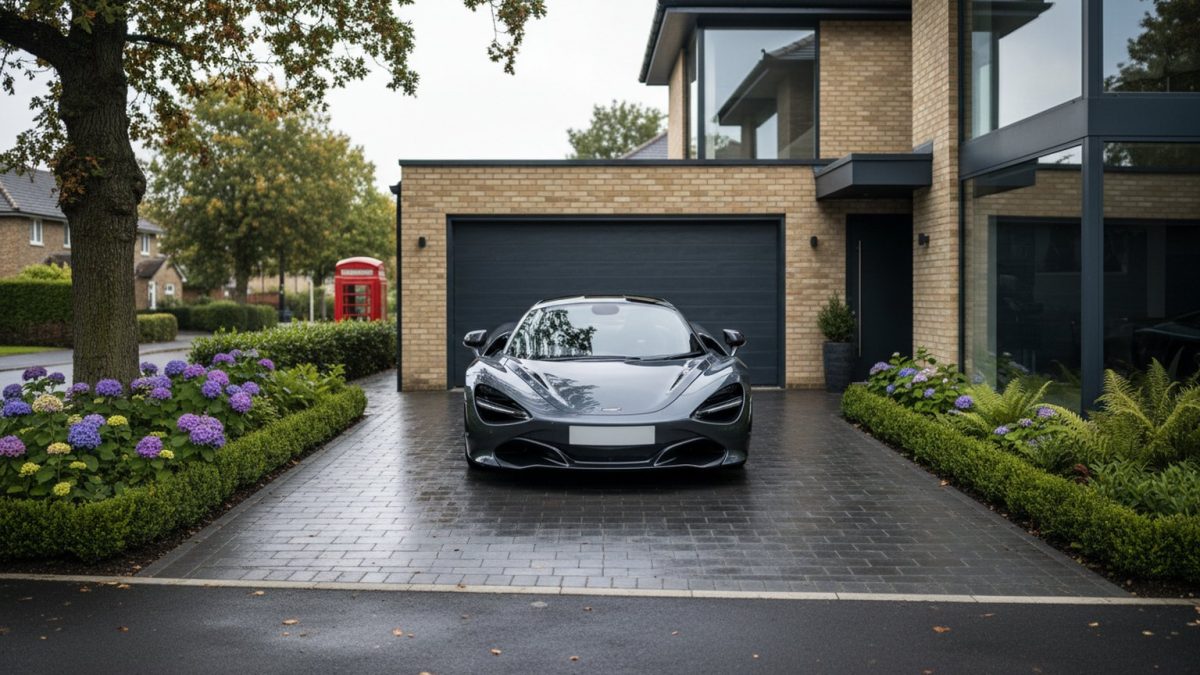 A high-performance sports car parked on the block-paved driveway of a modern British detached house, damp tarmac after rain, garage door closed behind