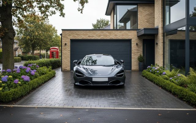 A high-performance sports car parked on the block-paved driveway of a modern British detached house, damp tarmac after rain, garage door closed behind