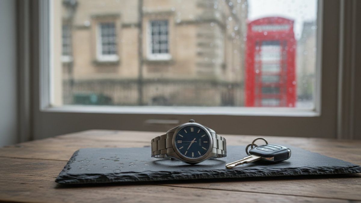 A luxury wristwatch and a set of car keys arranged on a dark slate surface