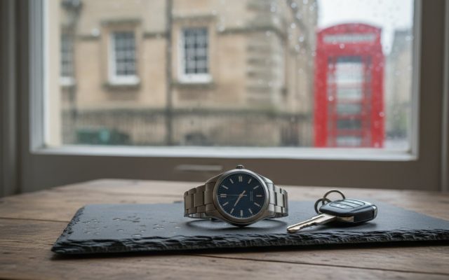 A luxury wristwatch and a set of car keys arranged on a dark slate surface