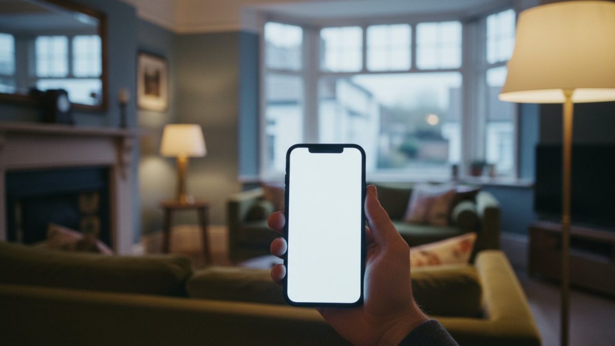 A hand holding a smartphone with a blank glowing screen, a blurred British living room with a sofa and lamp behind