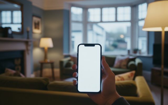 A hand holding a smartphone with a blank glowing screen, a blurred British living room with a sofa and lamp behind