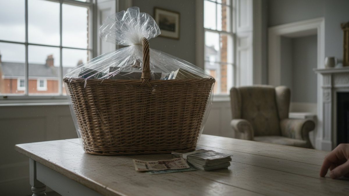 A wrapped wicker prize hamper and a small stack of British banknotes on a pale wooden table
