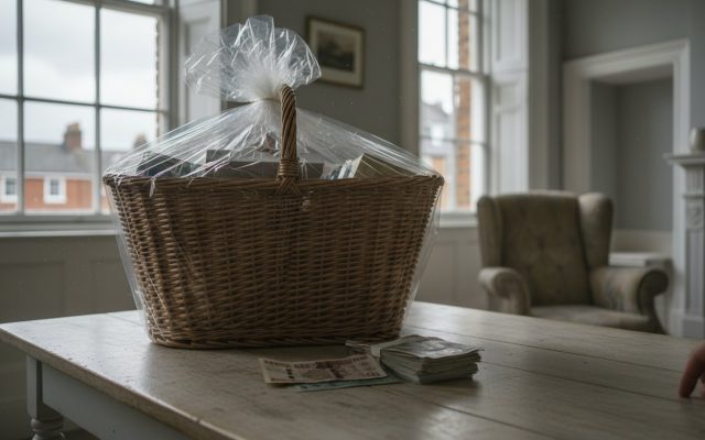 A wrapped wicker prize hamper and a small stack of British banknotes on a pale wooden table