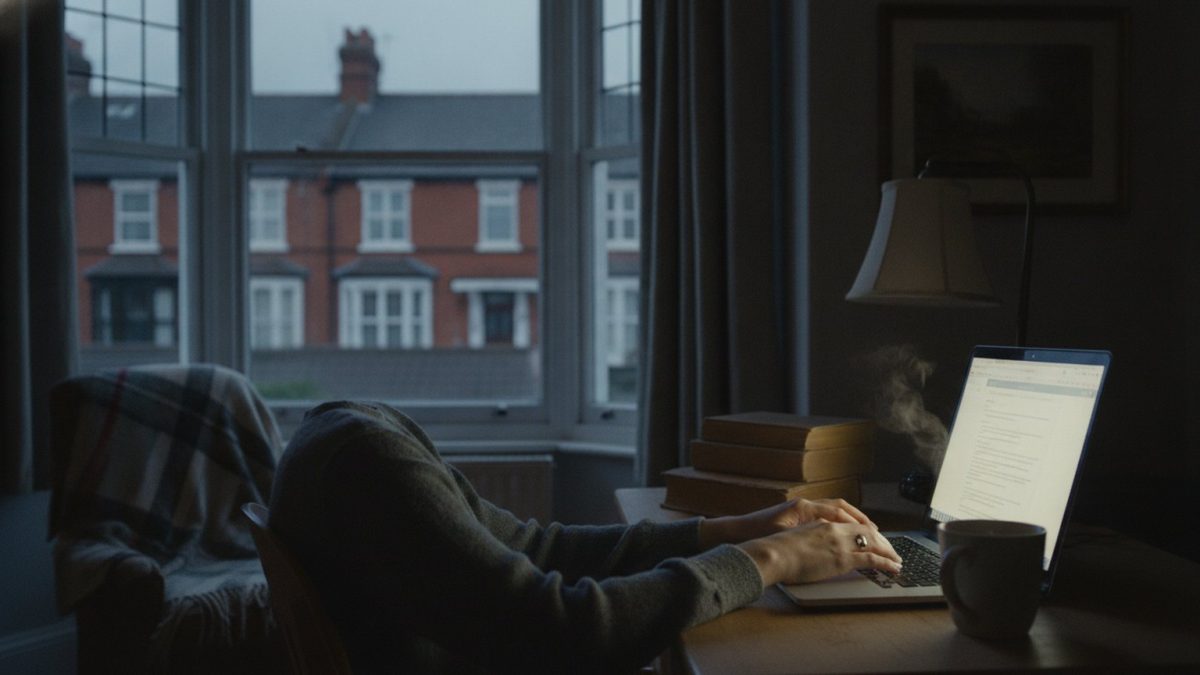 The glow of a laptop screen on a desk in a dim British room at night, hands resting on the keyboard
