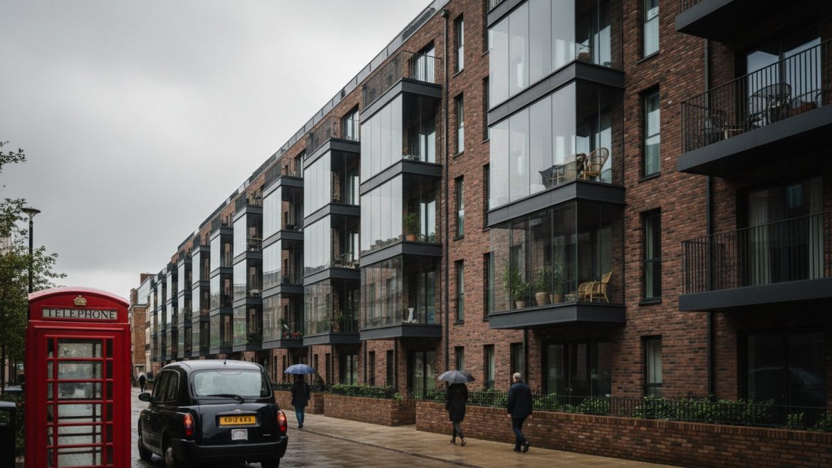 A modern British city apartment building exterior with glass balconies and brick cladding