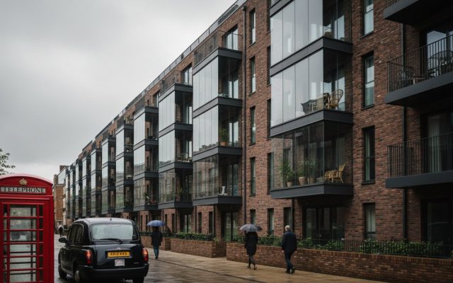 A modern British city apartment building exterior with glass balconies and brick cladding