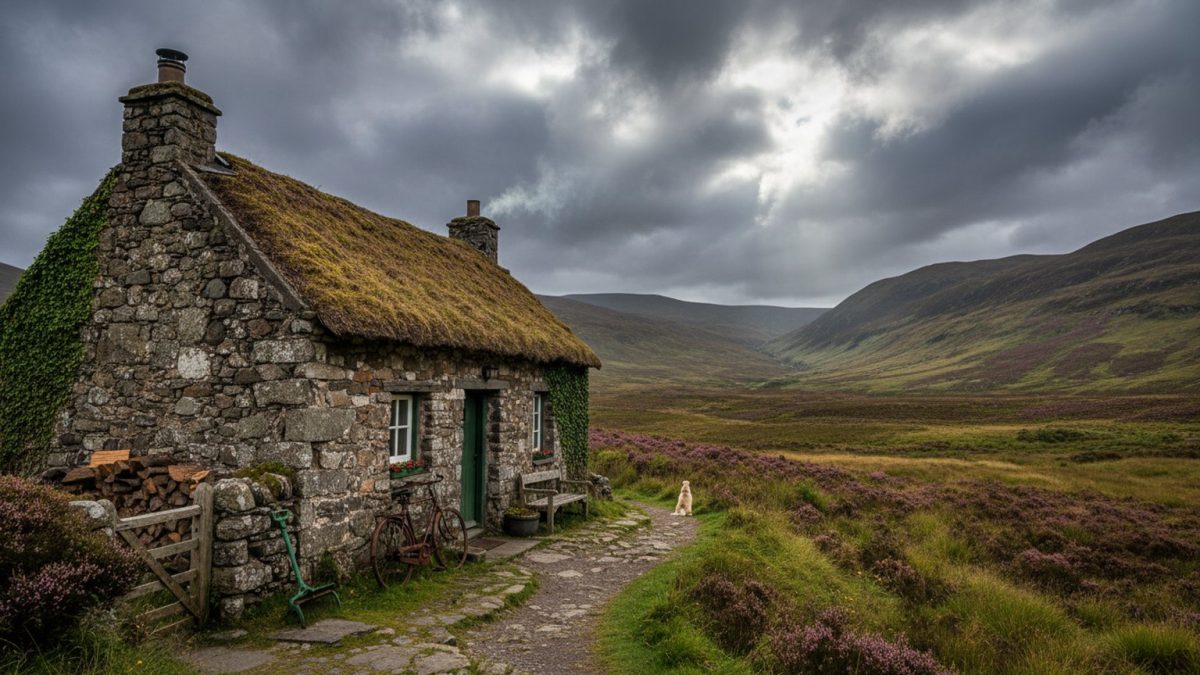 A traditional Scottish stone cottage in the Highlands with heather-covered hills behind