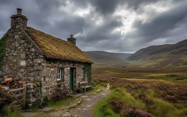 A traditional Scottish stone cottage in the Highlands with heather-covered hills behind