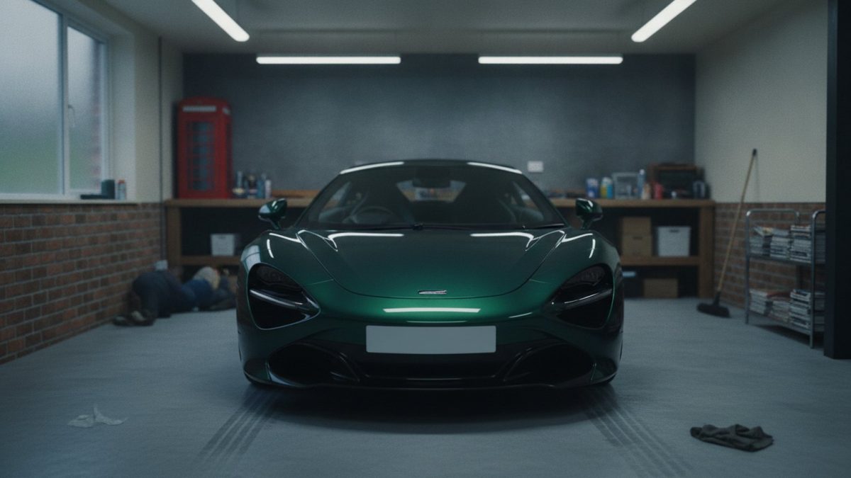 A performance car inside a clean British domestic garage, concrete floor, tool bench blurred behind, workshop strip lighting