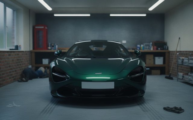 A performance car inside a clean British domestic garage, concrete floor, tool bench blurred behind, workshop strip lighting