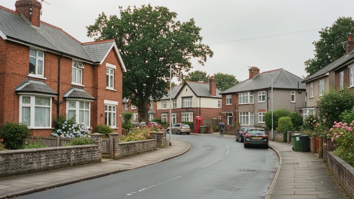 Several British houses of different styles along a curving suburban road, brick semis and a detached house