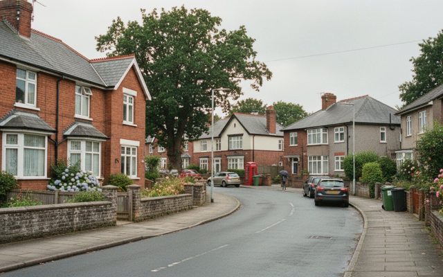 Several British houses of different styles along a curving suburban road, brick semis and a detached house