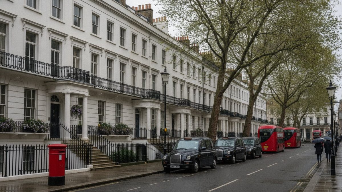 A terrace of white stucco Georgian London townhouses with black iron railings and glossy front doors