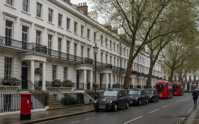 A terrace of white stucco Georgian London townhouses with black iron railings and glossy front doors