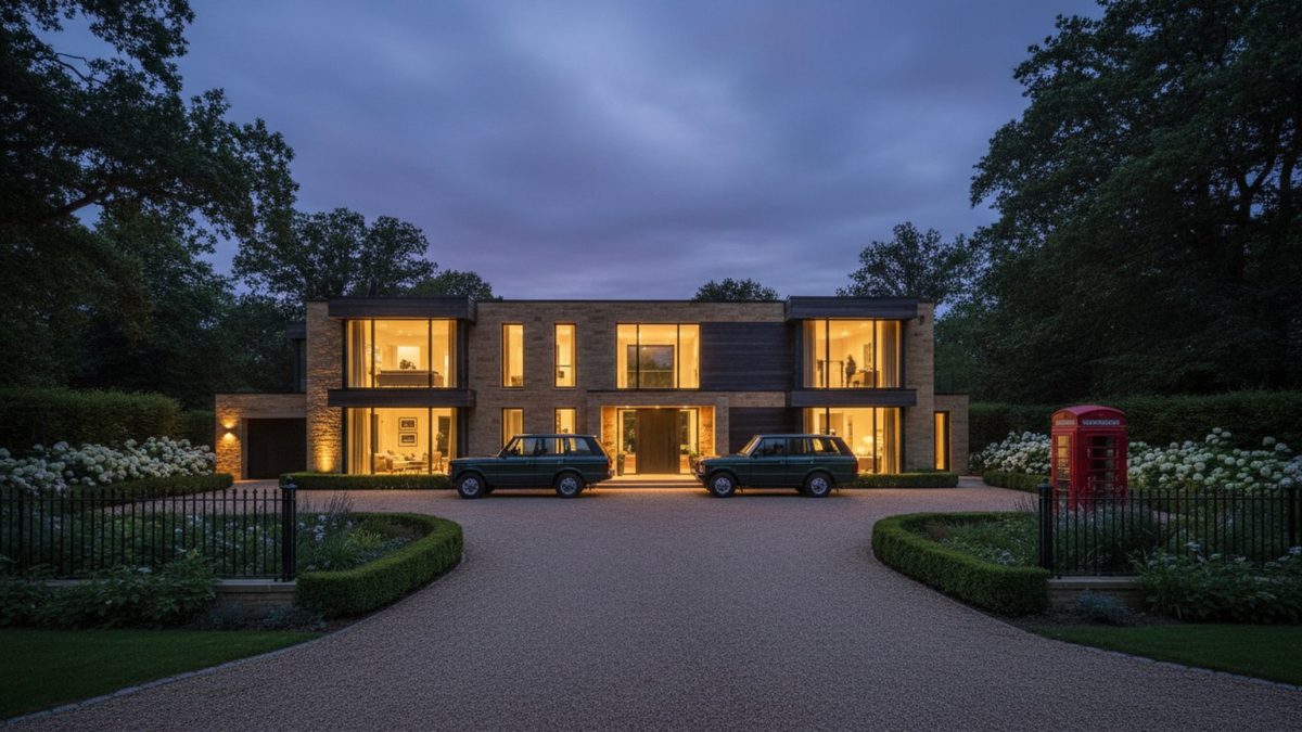 A modern British luxury home exterior at dusk with