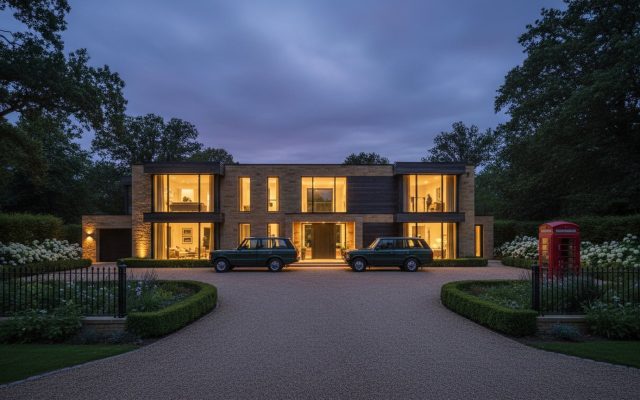 A modern British luxury home exterior at dusk with