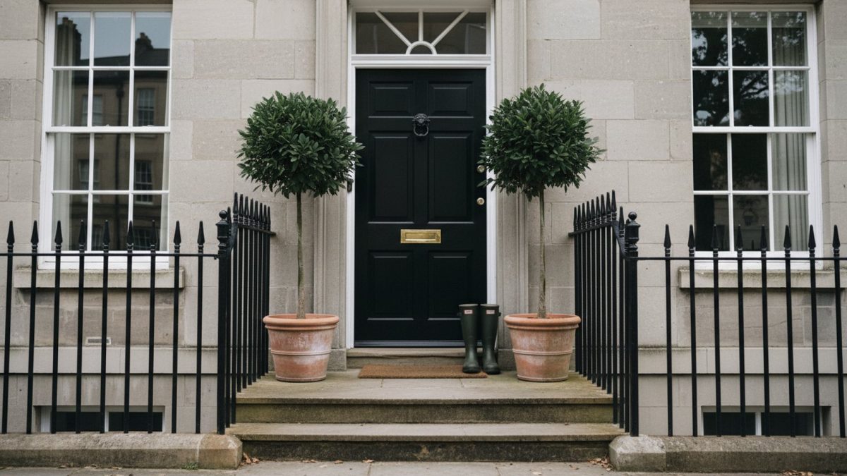 The front door of a modern British townhouse with stone steps, black railings and potted bay trees