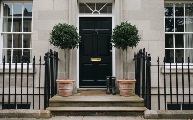 The front door of a modern British townhouse with stone steps, black railings and potted bay trees