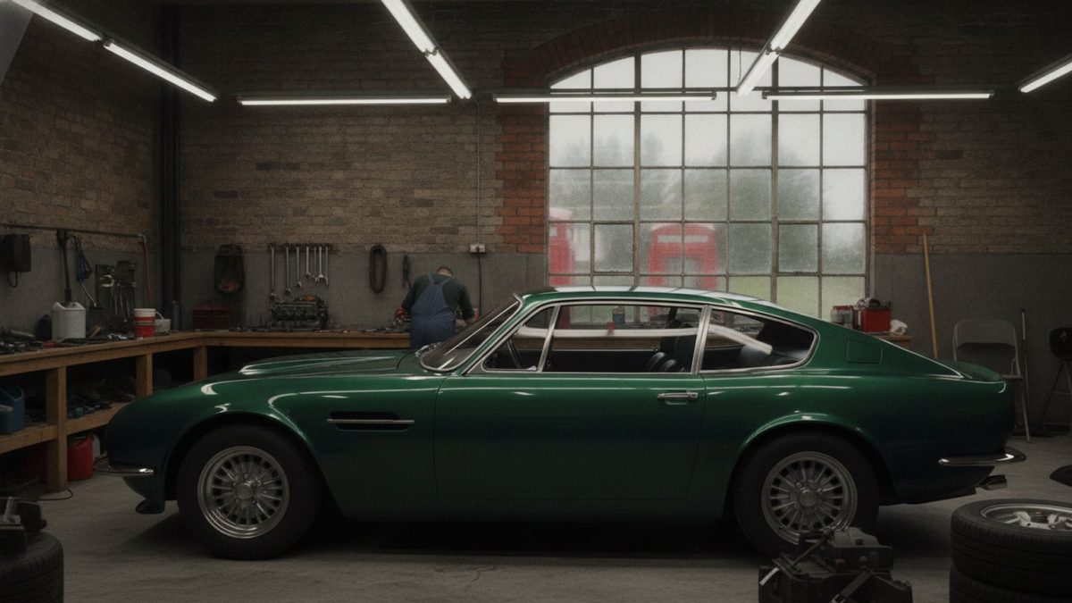 A modified performance car under strip lighting in a British workshop garage, polished paintwork, dark interior
