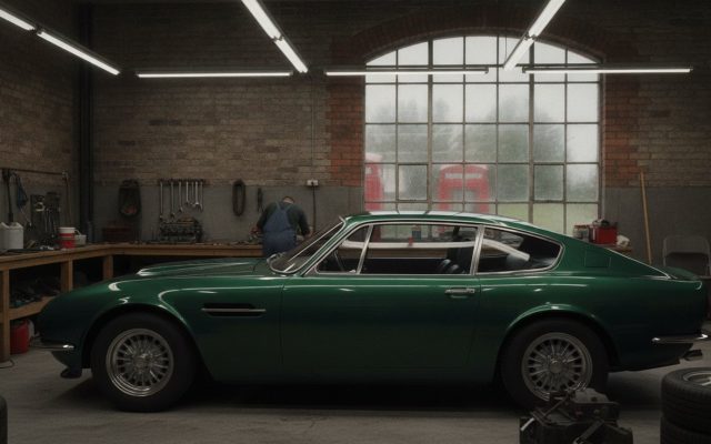 A modified performance car under strip lighting in a British workshop garage, polished paintwork, dark interior