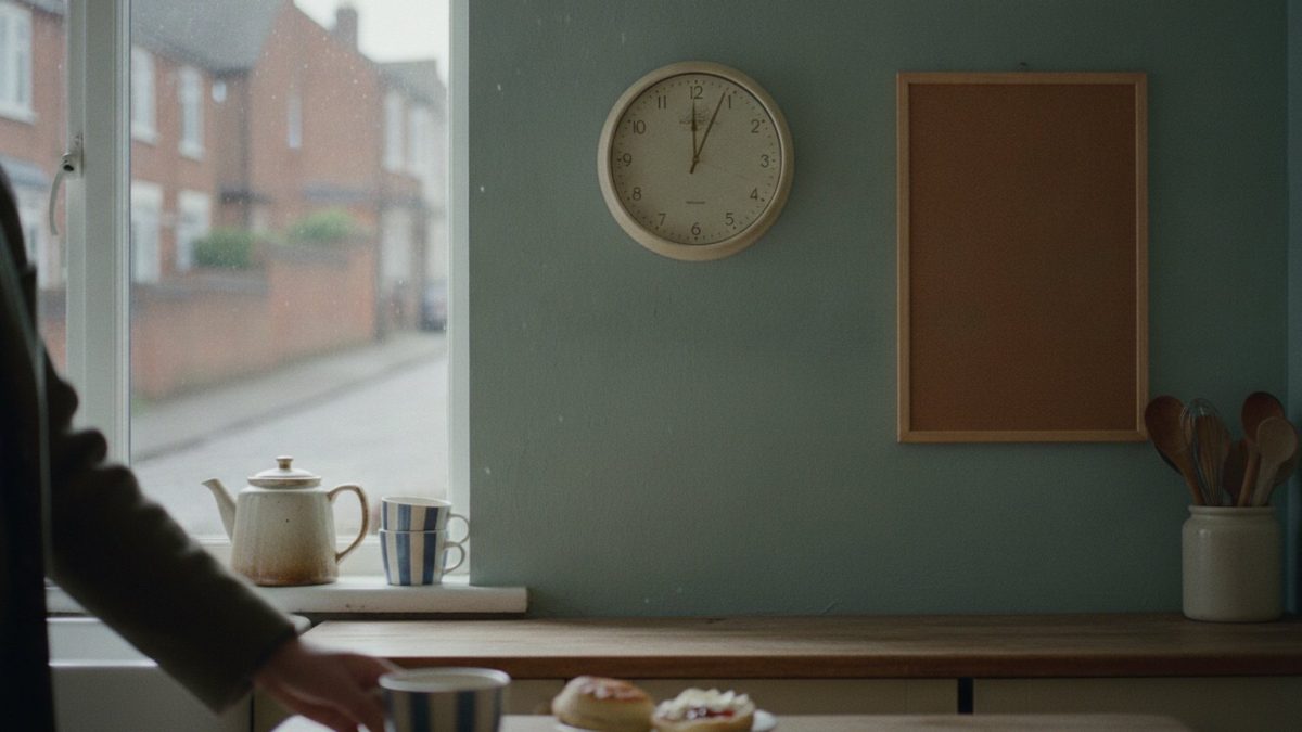 A round wall clock on a painted British kitchen wall beside an empty cork noticeboard