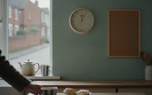 A round wall clock on a painted British kitchen wall beside an empty cork noticeboard