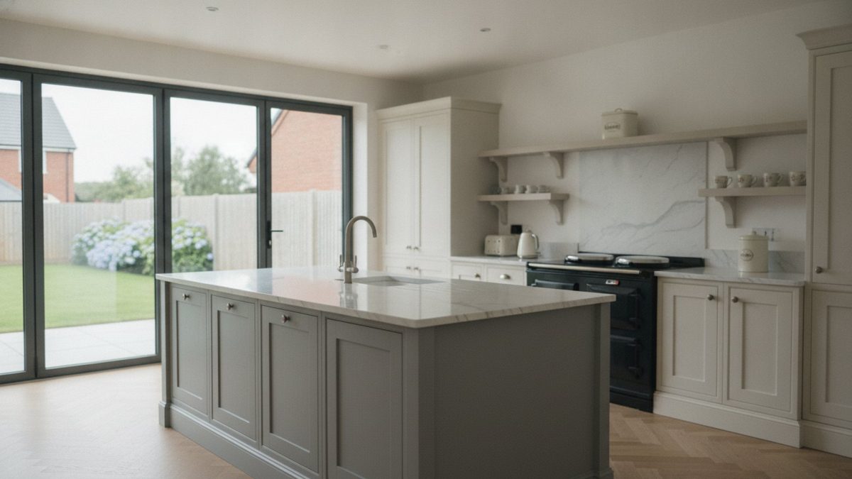 A spacious empty British kitchen in a newly built home, island unit and bi-fold doors to the garden